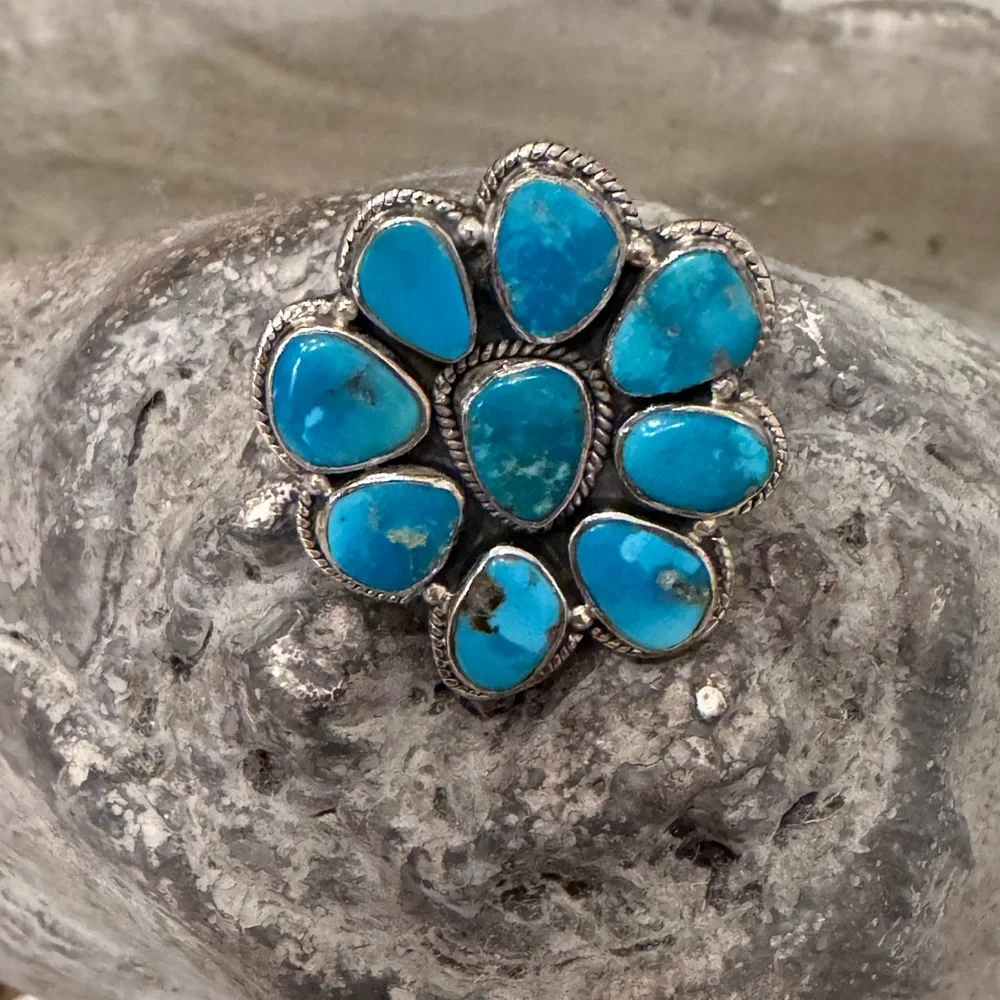 TURQUOISE/SILVER CLUSTER RING - Picture 8 of 12